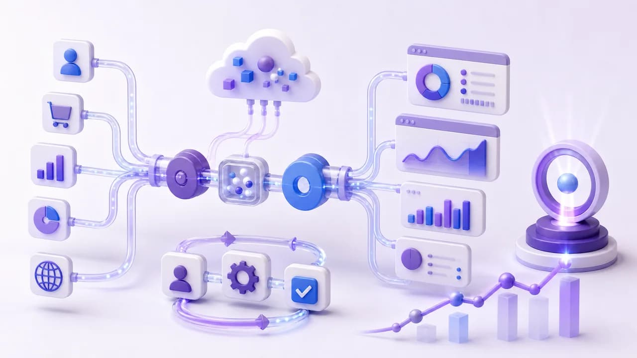 Connected data sources, reporting dashboards, and charts representing analytics and server-side tracking