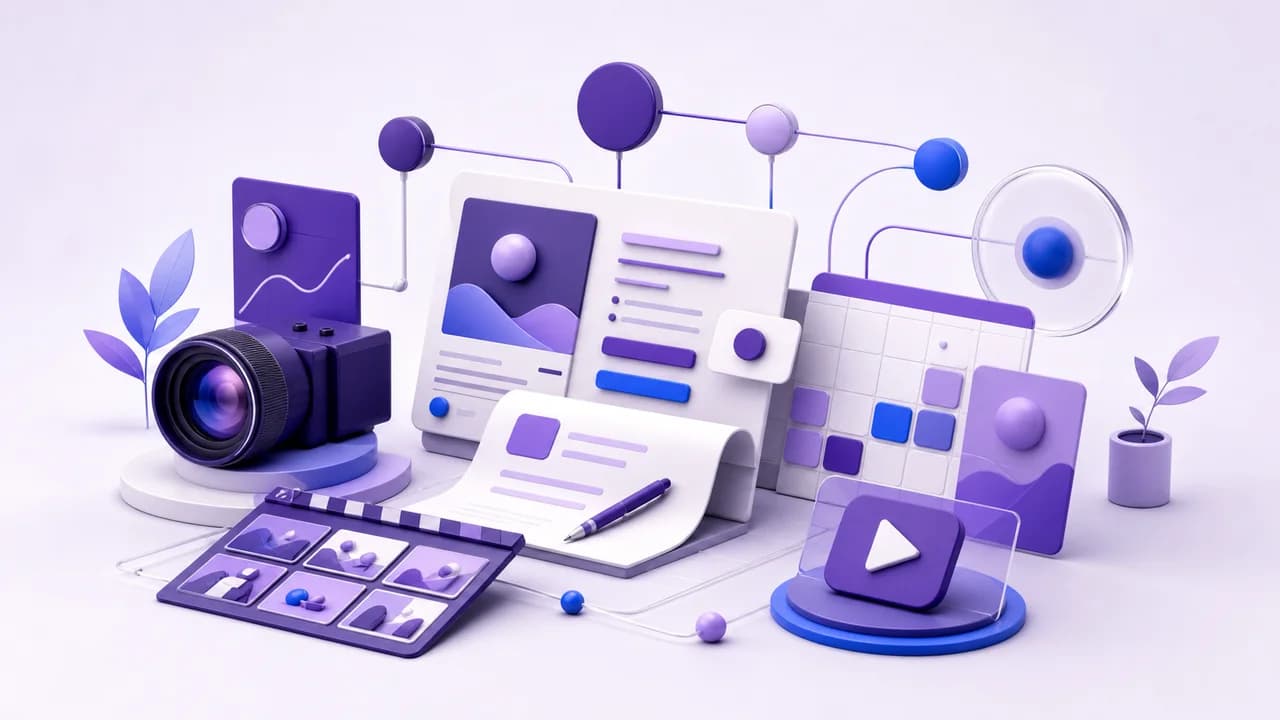 A camera, content layouts, a publishing calendar, and video controls representing brand authority building