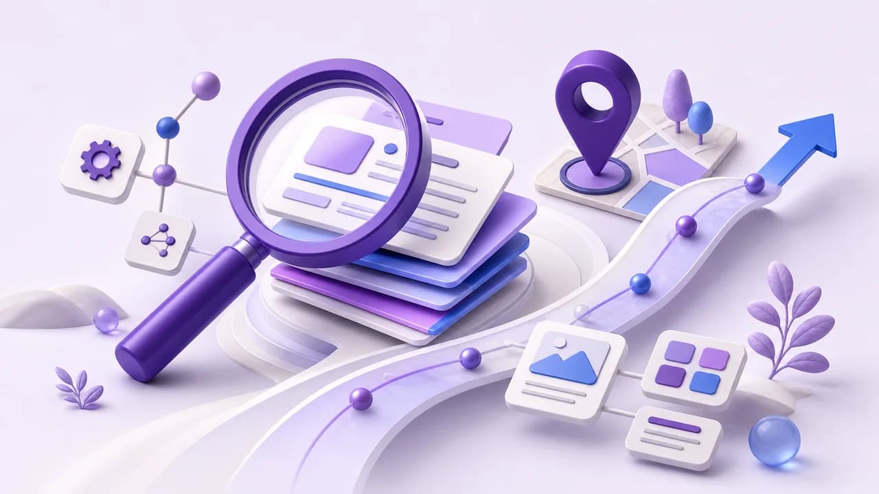 Search results, a magnifying glass, a map pin, and an upward trend representing SEO