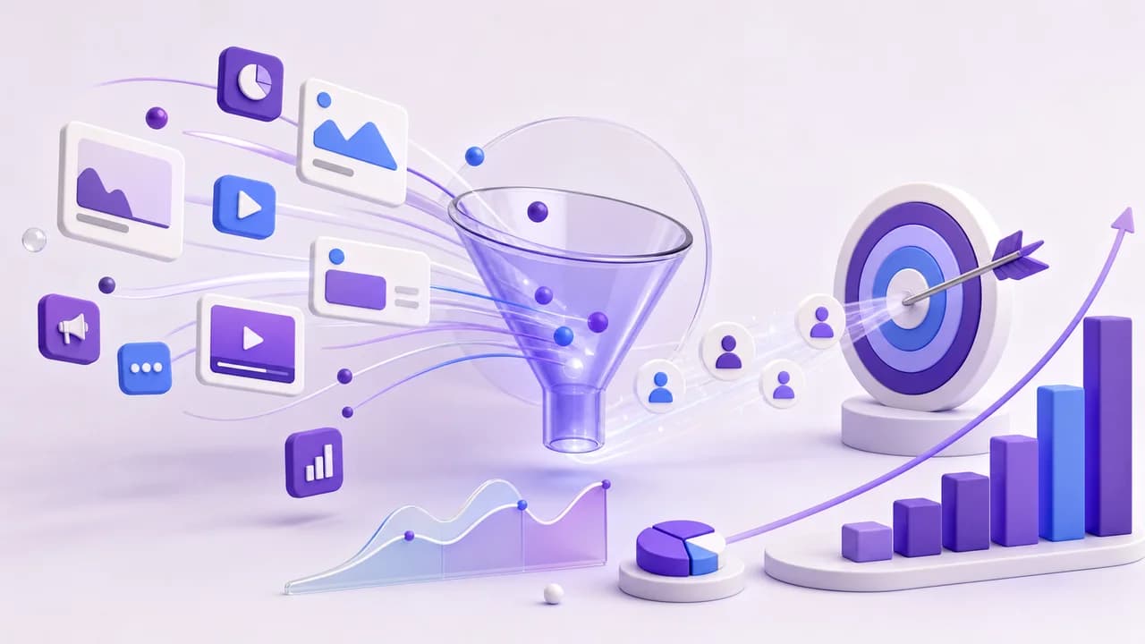 Media cards flowing through a campaign funnel toward an audience and performance dashboard