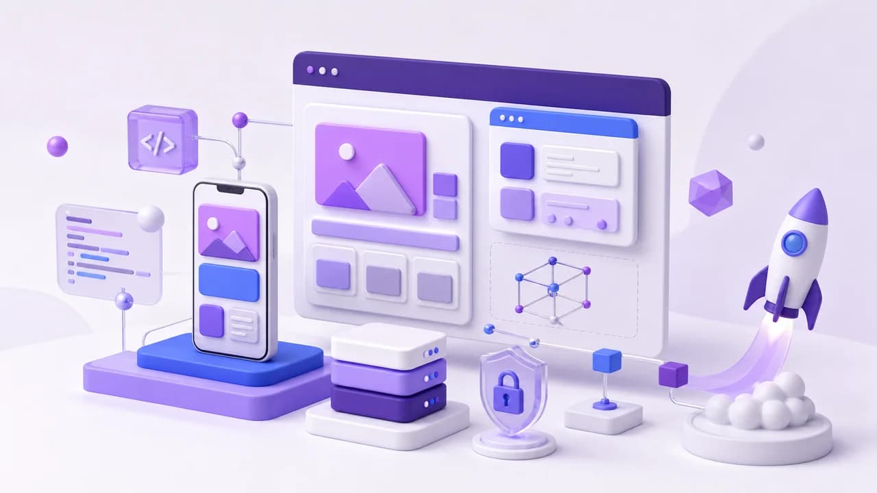 Desktop and mobile interfaces, code, infrastructure, and security symbols representing custom web development