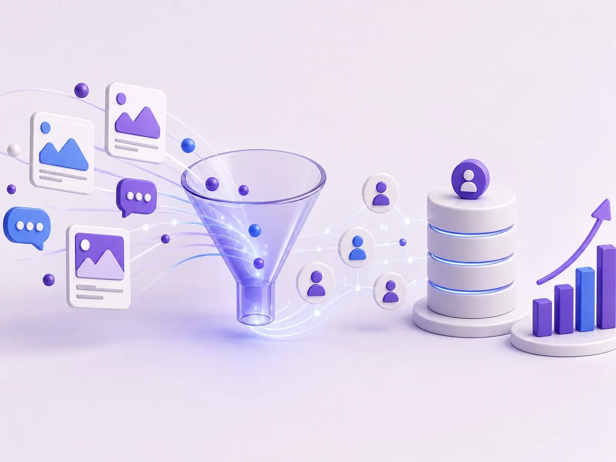 Campaign leads flowing through a funnel into contact profiles, a CRM database, and performance reporting