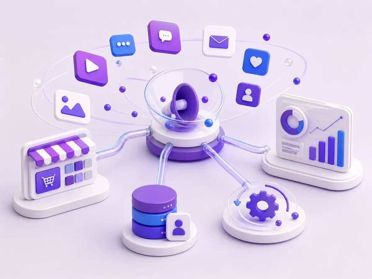 Advertising channels connected with ecommerce, CRM, analytics, and automation systems